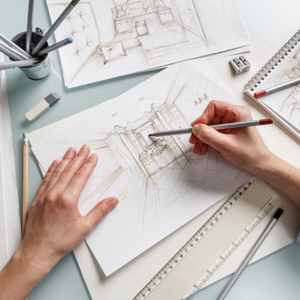 mindful design, space planning, sacred space creation Interior designer making hand drawing pencil sketch of a bathroom. Interior design projects concept